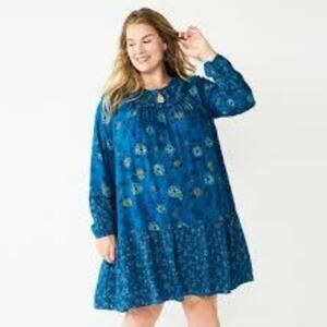Sonoma Goods for Life Women 4x Blue Floral Bohemian Long Sleeve Shift Dress
